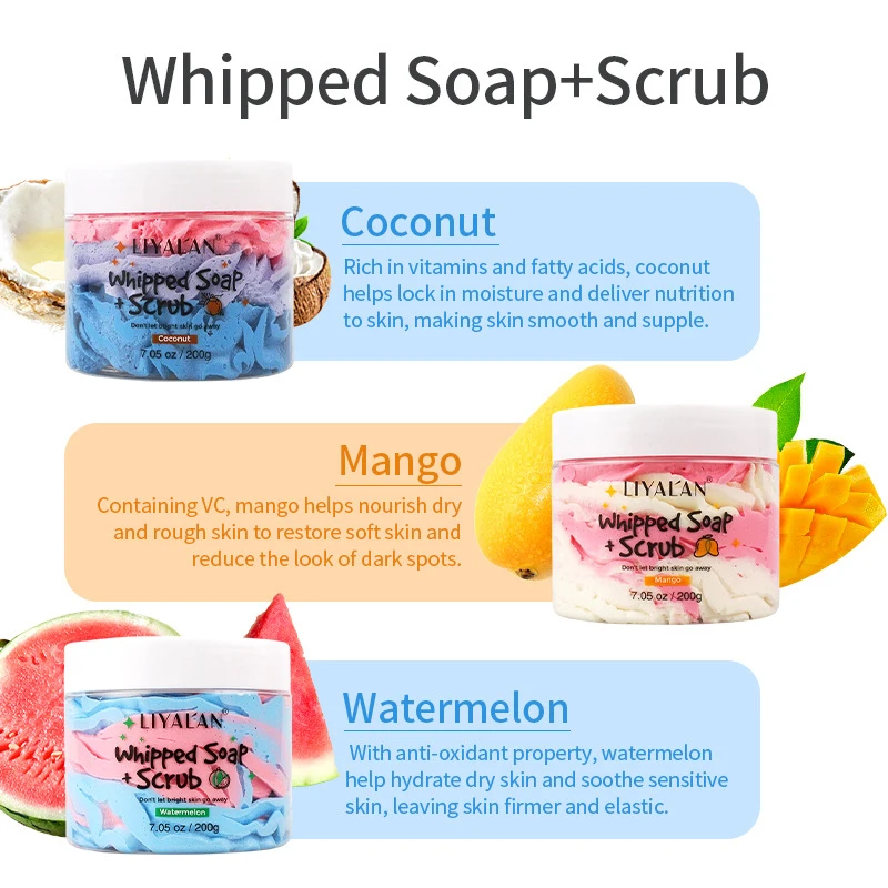 Coconut Mango Watermelon Pulled Scrub, Mixed Colours Pulled Soap, Body Scrub, Cleansing Bath, 250g Scrub, Exfoliates