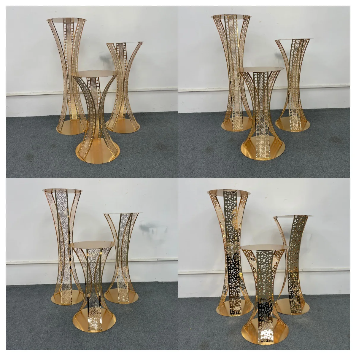 3-teiliges, goldgalvanisiertes Metall-Blumenregal, Desserttisch-Mittelstück, elegante Dekorationsständer für Hochzeitsfeiern – Detail 1