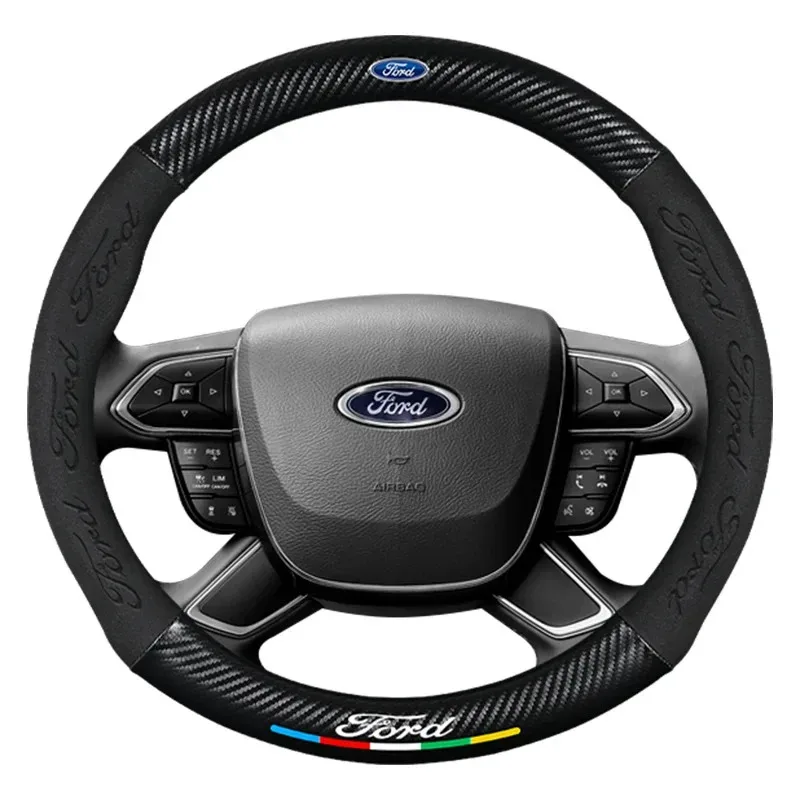 For Ford Mondeo Focus Raptor Puma Edge Explorer Ecosport Ranger F150 Kuga Car Suede Carbon fiber Anti-slip Steering Wheel Cover