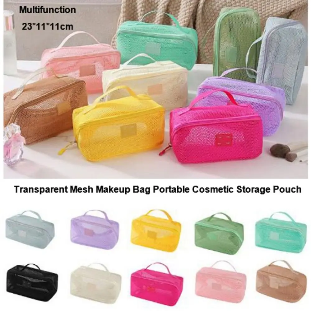 New Transparent Mesh Makeup Bag 10 Colors Multifunction Ladies Toiletry Storage Bag Portable Women Cosmetic Storage Pouch