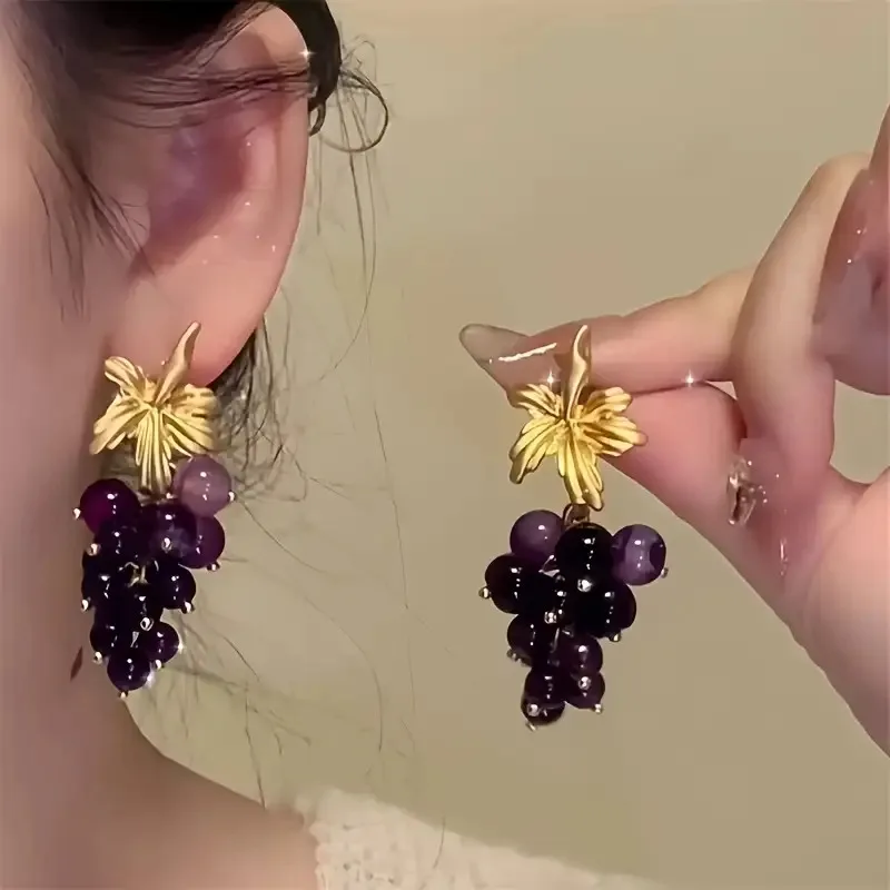 Elegant Purple Grape Crystal Bead Pendant Earrings for Ladies Romantic Luxury Gold Color Leaves Banquet Party Jewelry