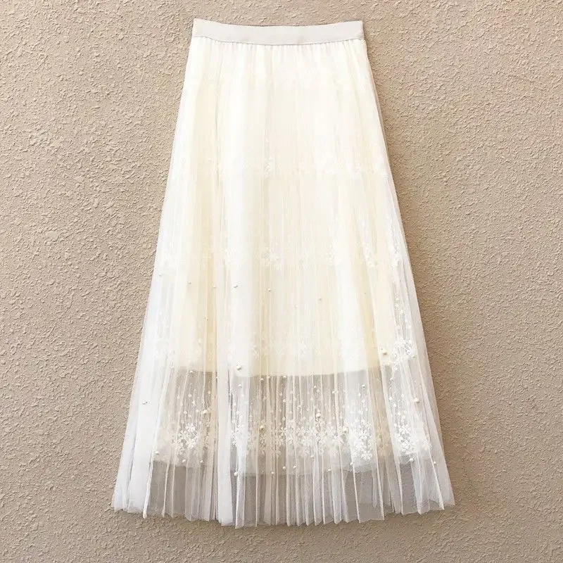 Falda de encaje a la moda para mujer, estilo primaveral, estilo celebridad de YouTube, vestido largo suave estilo hada, falda plisada para mujer, a media pierna, a la moda