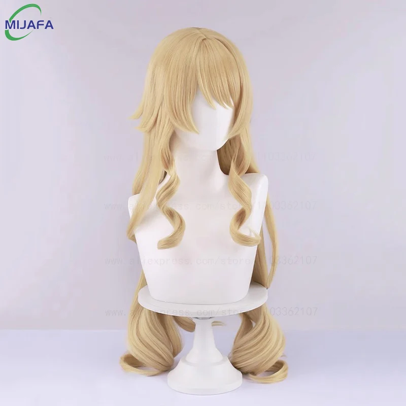 عالية الجودة فونتين نافيا شعر مستعار تأثيري طويل الكتان الذهب موجة مجعد مقاومة للحرارة الاصطناعية الشعر فروة الرأس أنيمي لعبة الباروكات + غطاء شعر مستعار #3