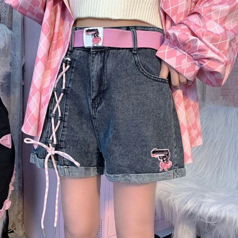 

Cute Print Women's High Waist Denim Shorts 2000s Clothes Y2k Korean Style New In Casual XL Summer Baggy Female Short Jeans Pants