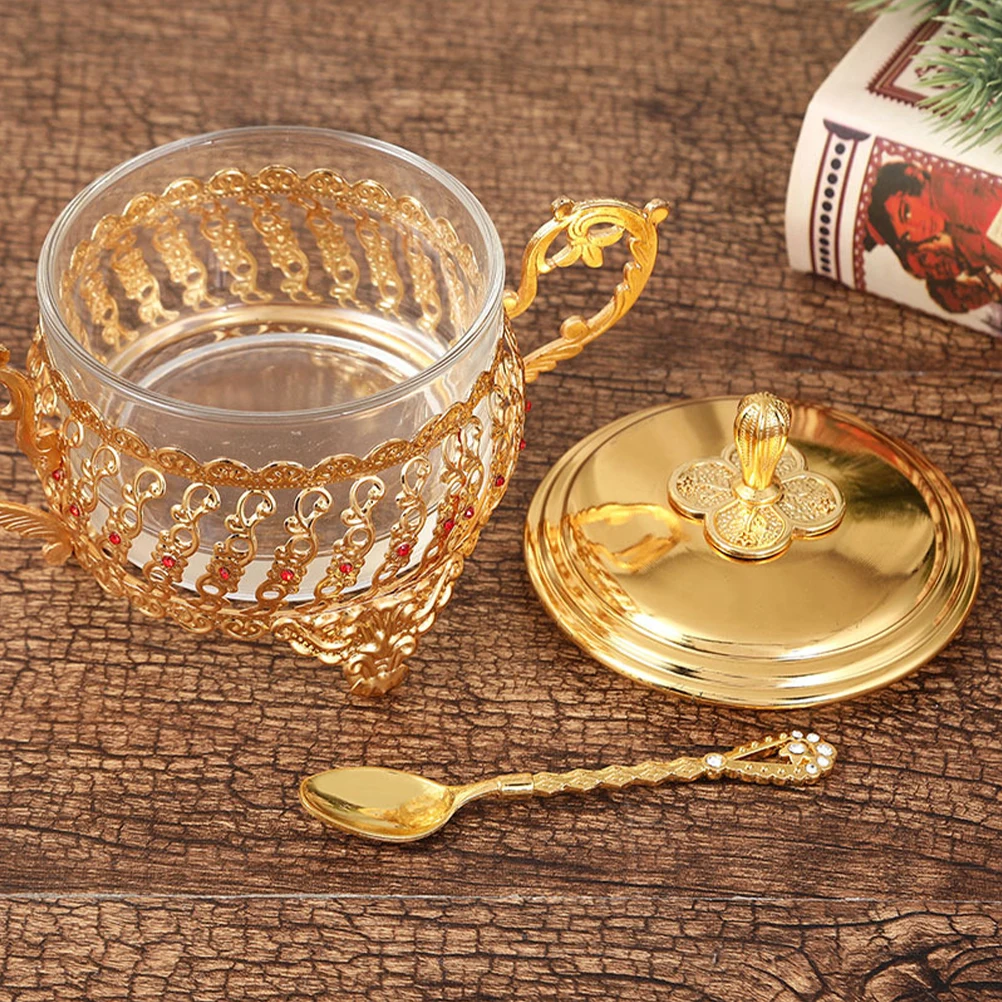 

Glass Sugar Cup Candy Jars Storage Container with Lid Gold Kitchen Retro jars glass cereals dry food sealed tea canister