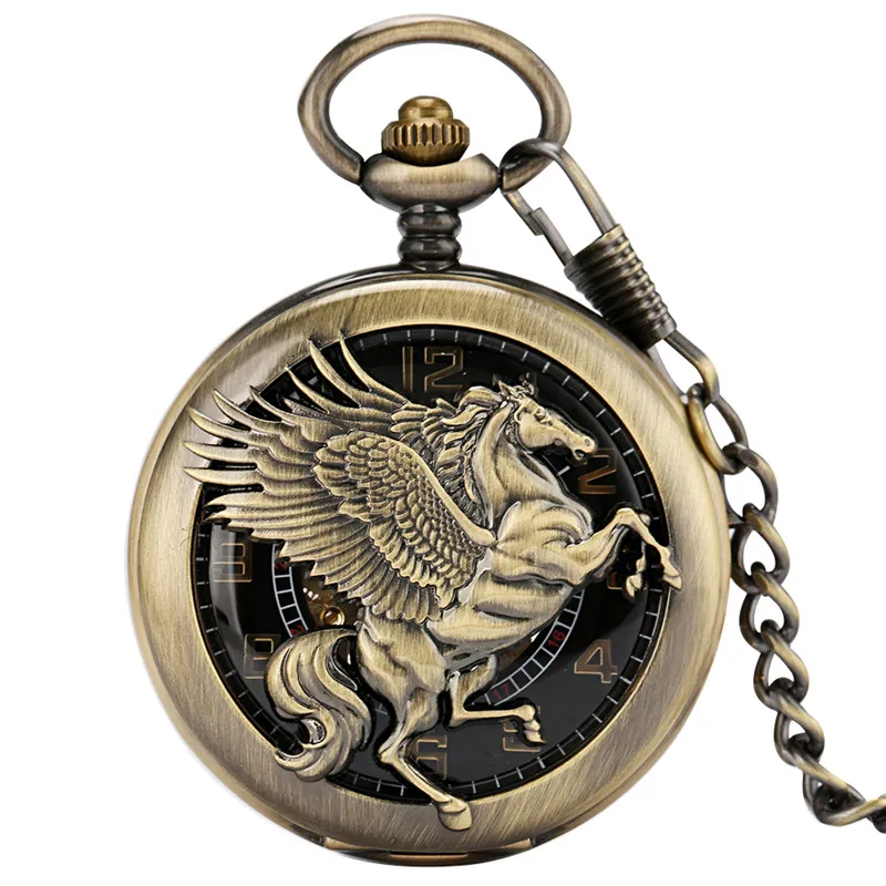 Bronzen Unisex Handopwindende Mechanisch Zakhorloge Holle Vlieg Paard Cover Hanger Ketting Arabisch Cijfer Display Uurwerk