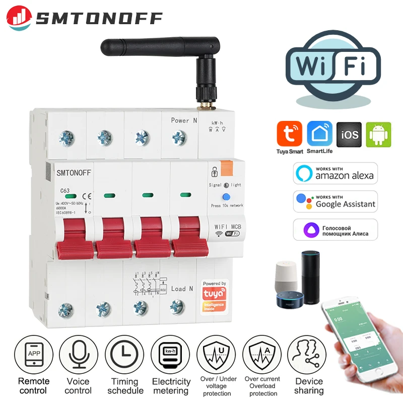 Tuya Smart WiFi 4P MCB 63A RS485 Breaker Prepaid Meter Timer Switch Voltage Current Protector Voice Control Alexa Google Alice