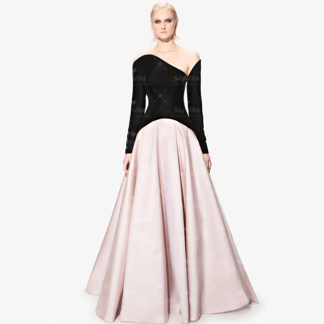 Sayulita Contrast Color Prom Dresses Long Sleeves Evening Gowns for Saudi Women Zipper Back Satin Formal Party Dress Customized