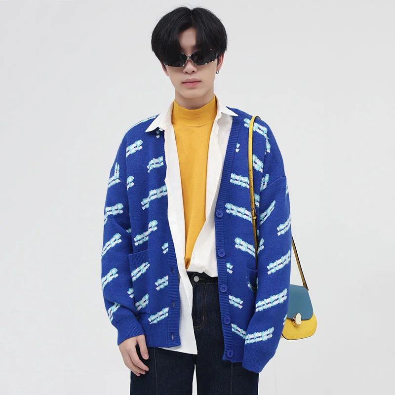 Winter Autumn Men's Letter Jacquard Knitting Cardigan 2022 New Korean Chic Loose V-neck Single Breasted Sweater Tide 2022