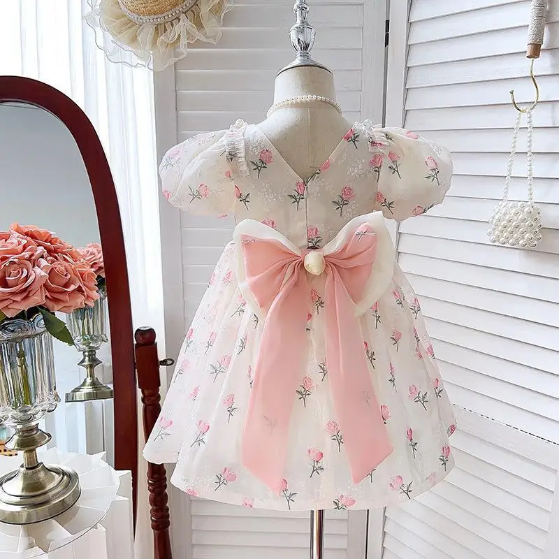 Vestido de princesa con lazo para niña, falda Floral con manga de burbuja, a la moda, novedad de verano 2024