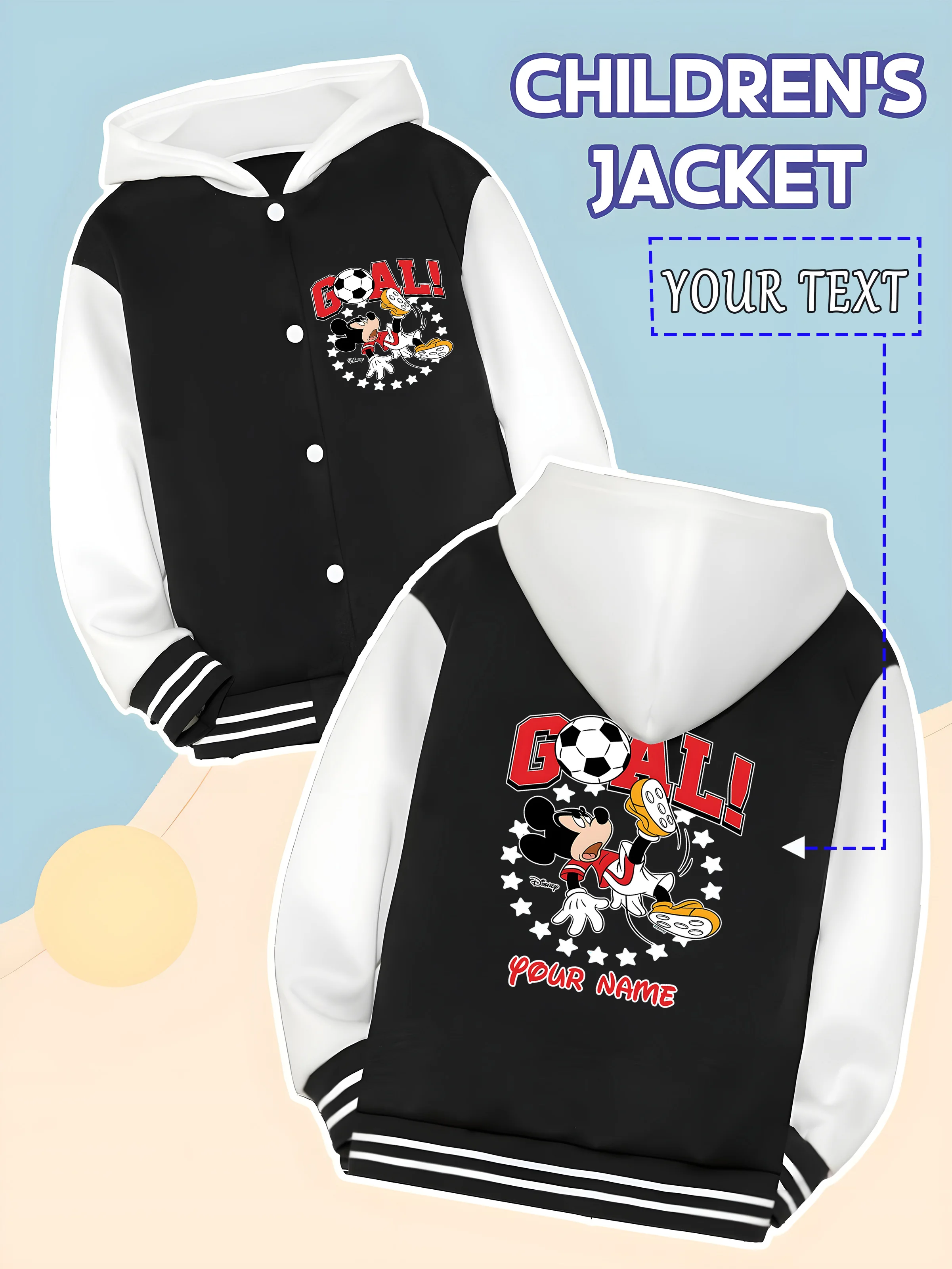 

MINISO This Disney Mickey Mouse football-themed boys' baseball jacket features a fun Mickey Mouse soccer kicking pattern and "GO