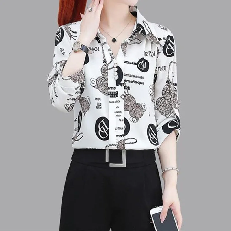 Autumn New Office Lady Various Patterns Printing Chic Shirt Turn-down Collar Loose Half Sleeve All-match Button Pullover Blouse