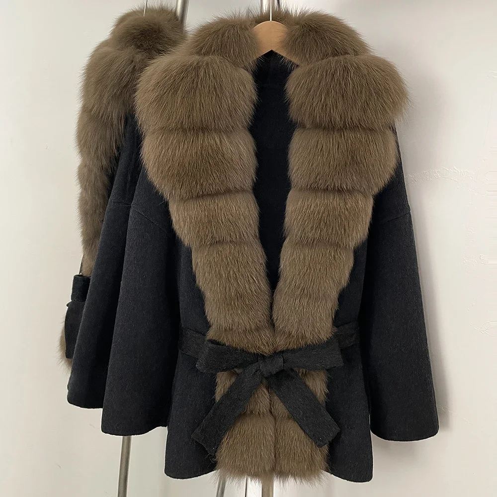 

Women Fox Fur Coat Autumn Real Fur Jacket Female Warm New Fashion Wool Blend Winter Warm Clothes for Women Wool Woolen Coat