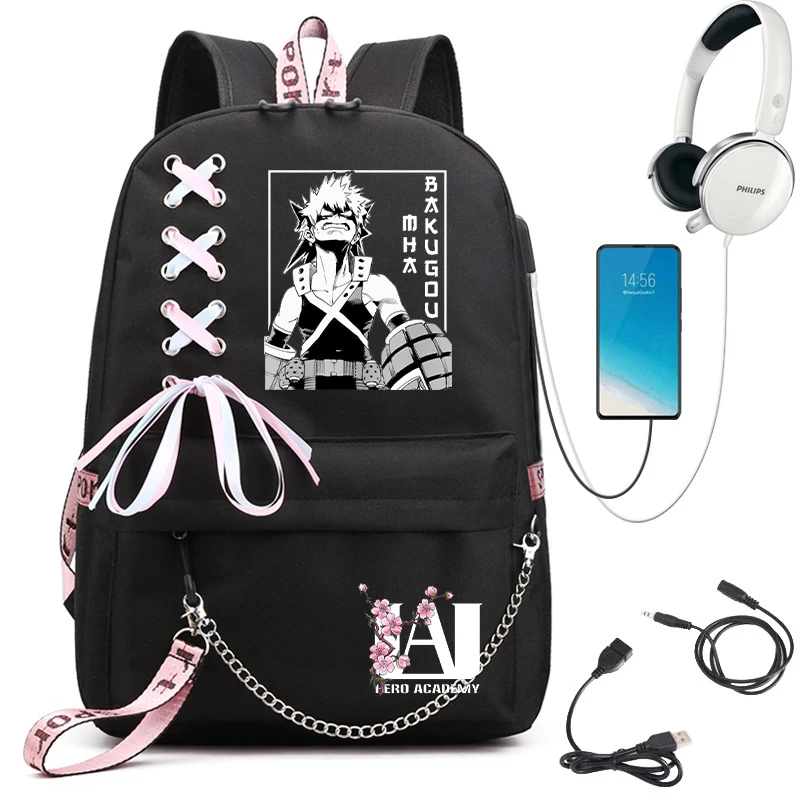 My Hero Academia Anime Women\'s Backpack Usb Port Ladies Travel Backpack Shoulder Bag Katsuki Bakugo Anime Trend Laptop Backpack