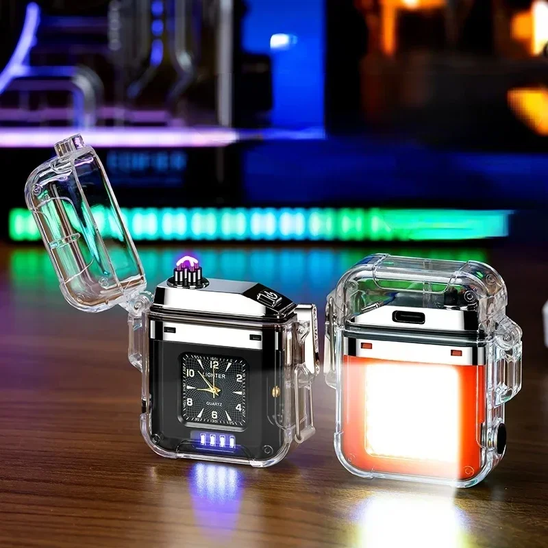 2024 True Watch Transparent Waterproof Dual Arc USB Lighter Outdoor COB Lighting Lamp Power Display Smoking Accessories Gadgets