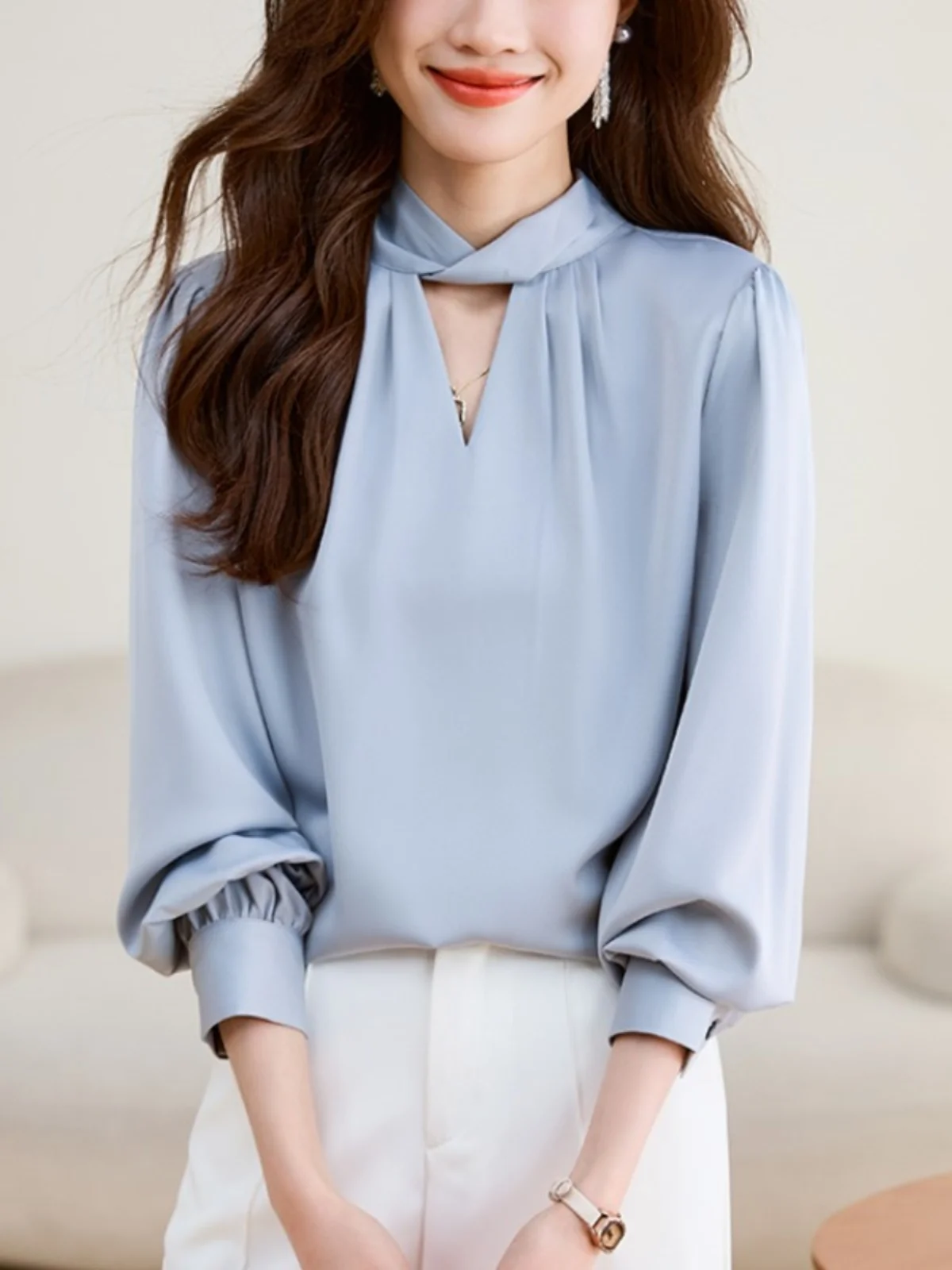 

Women'S Satin irt Hollow out Design Bow Tie Commute Sle Slim Fit Long Sve round Ne Top Spring Autumn New