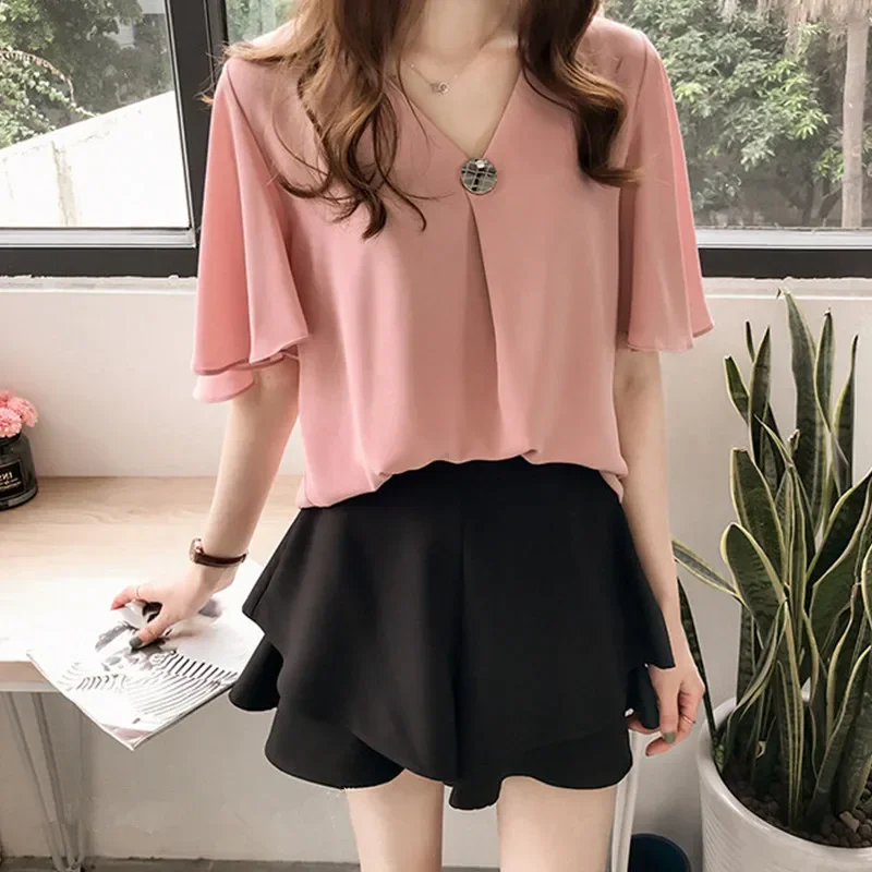 

Women Solid V Neck Insert Short Sleeve Blouse Elegant Fashion Harajuku Slim Fit Female Clothes Loose Casual Sweat All Match Tops
