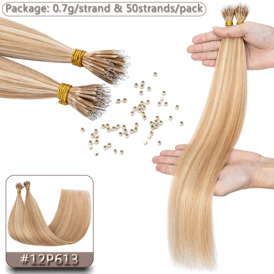 S-noilite Human Hair Micro Links Hair Extensions 0.7g/strand Nano Rings 50pcs Nano Bead Prebonded 18-24inch Straight Blonde Hair image 3