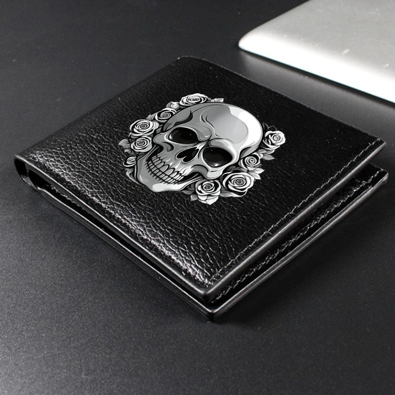 Gothic Skull Floral Print Men's Short Wallet PU Leather with Personalized Multi-functional Credit Card Storage Wallet Cute Gifts