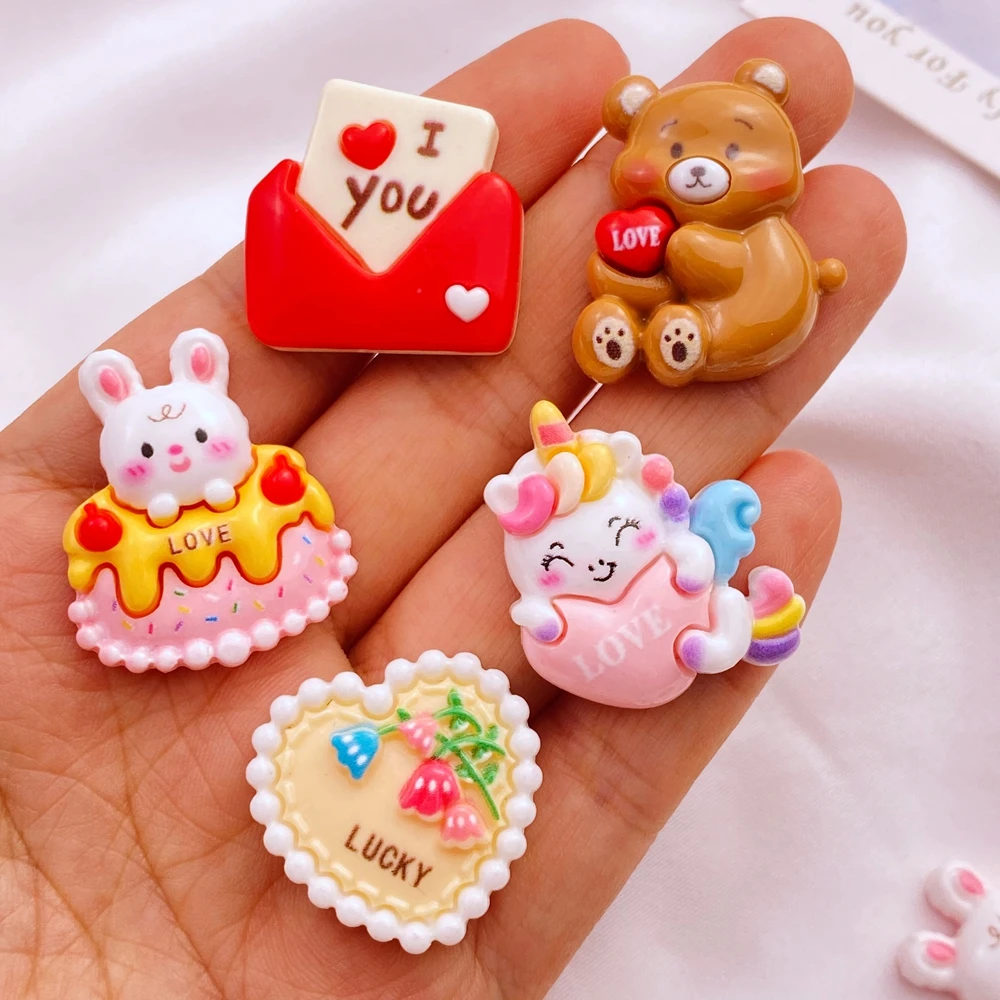 10Pcs New Cute Resin Cartoon Bear Unicorn Rabbit Cake Series Flat Back Manicure Parts Embellishments For Hair Bows Accessories