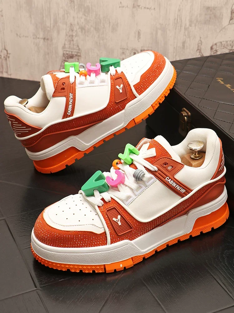 Sneakers Casual Mens Designer Punk Rhinestone Shoes Fashion Microfiber Leather Breathable Height Increased Flat Platform Shoes