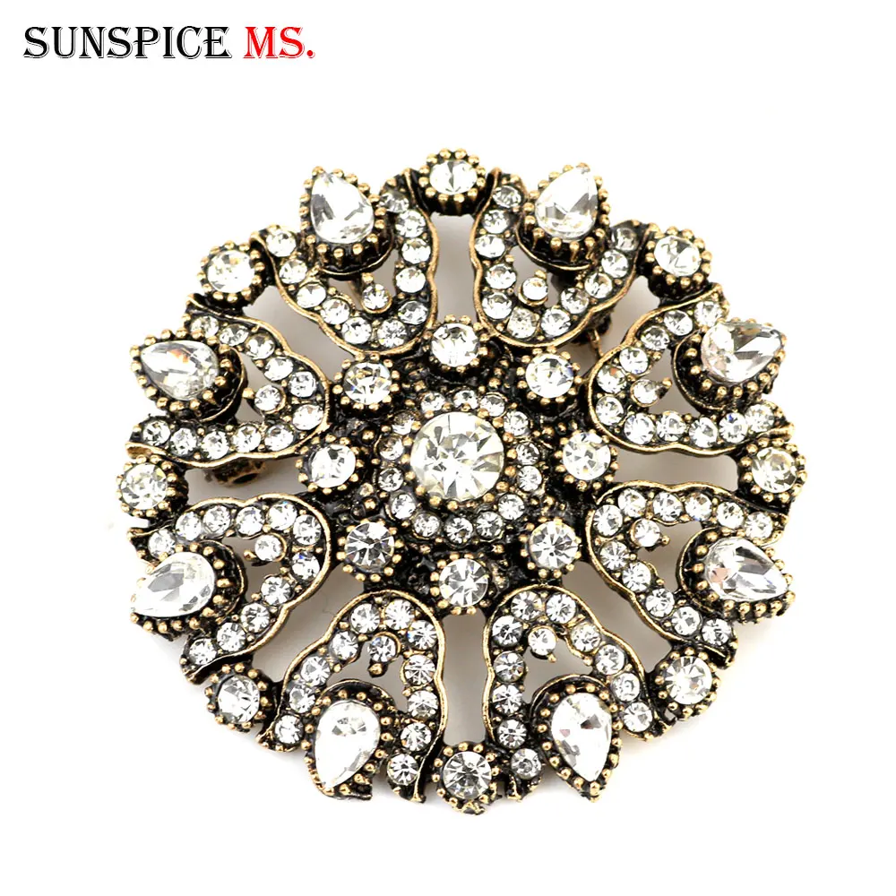 Sunpicems Vintage Turkish Flower Brooch for Women Full Rhinestone Antique Gold Color Round Crystal Pins Jewelry Love Gift 2020