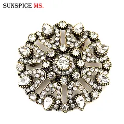 Sunpicems Vintage Turkish Flower Brooch for Women Full Rhinestone Antique Gold Color Round Crystal Pins Jewelry Love Gift 2020