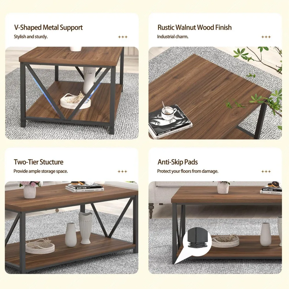 Modern Rustic Coffee Table with Storage Shelf, Metal and Wood Cocktail Table for Living Room, 39.3 Inch Wide