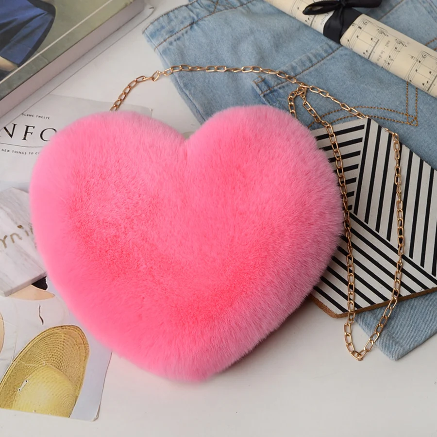 Fashion Fluffy Women's Heart Shaped Handbags Cute Kawaii Faux Fur Crossbody Bags Wallet Purse Plush Chains Shoulder Bag Handbags view 4