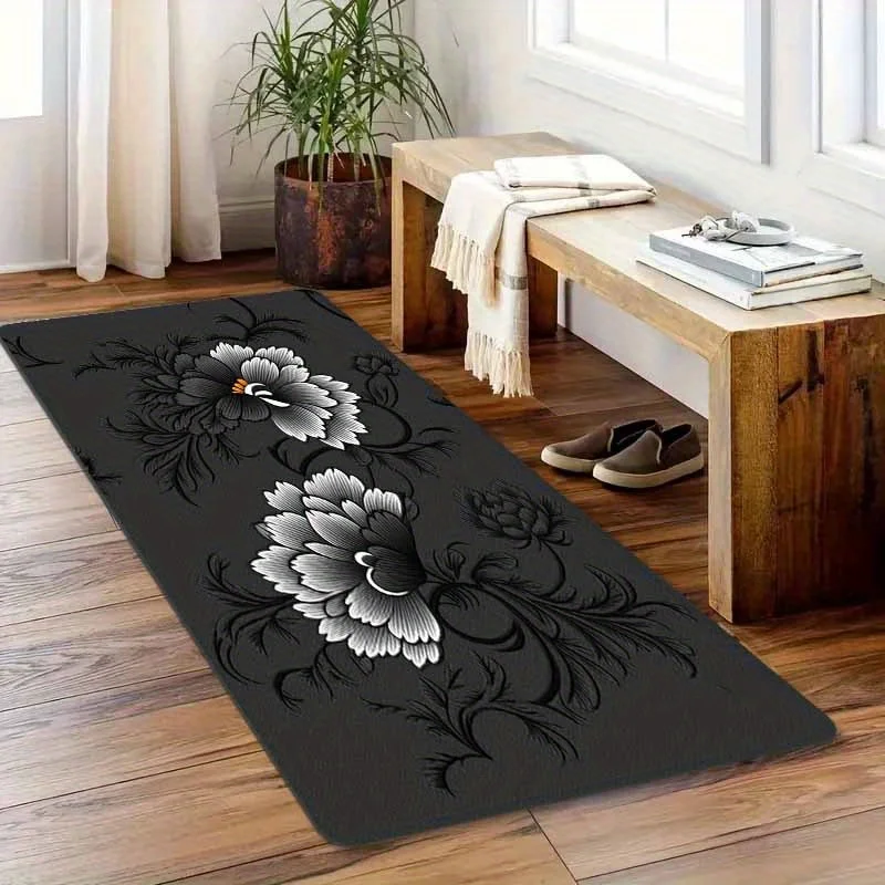 1pc Thick 1.1Cm Kitchen Floor Mat, Black Embroidered Pattern Printed Floor Mat Thickened Wear-Resistant Suitable for Kitchen L