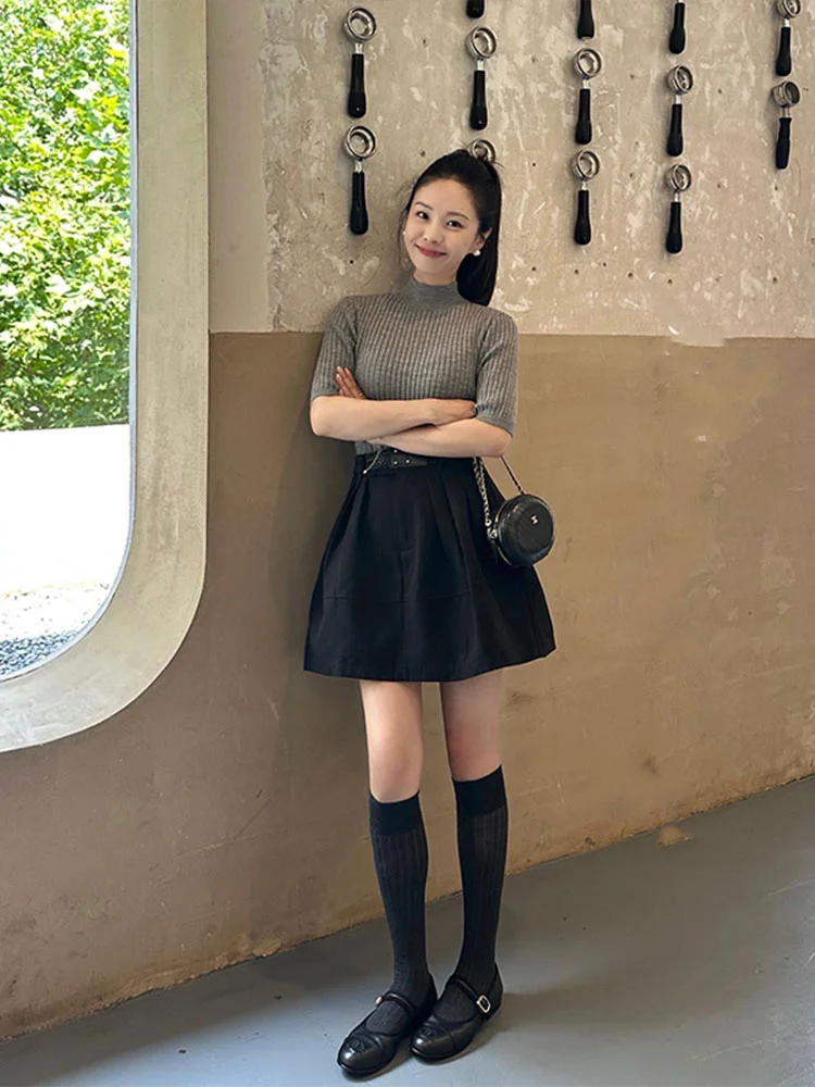 

Gray Half-High Collar Half-Sleeve Base Shirt High Waist Slimming Flower Bud Skirt Elegant Anti-Aging Set for Women Autumn Fas...