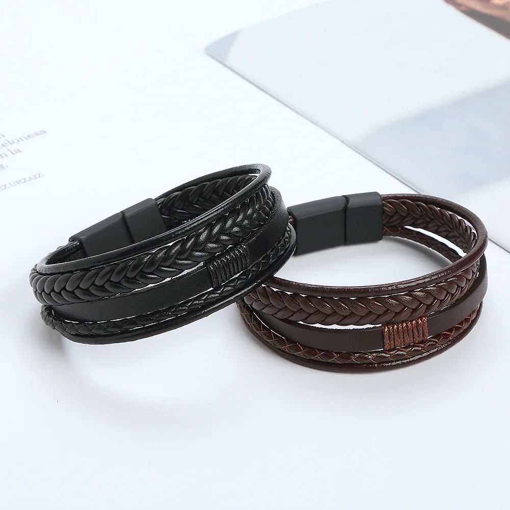 New Matte Magnet Buckle Bracelet Creative Multilayer Men Cowhide Bracelet Braided Leather Bracelet BR1143