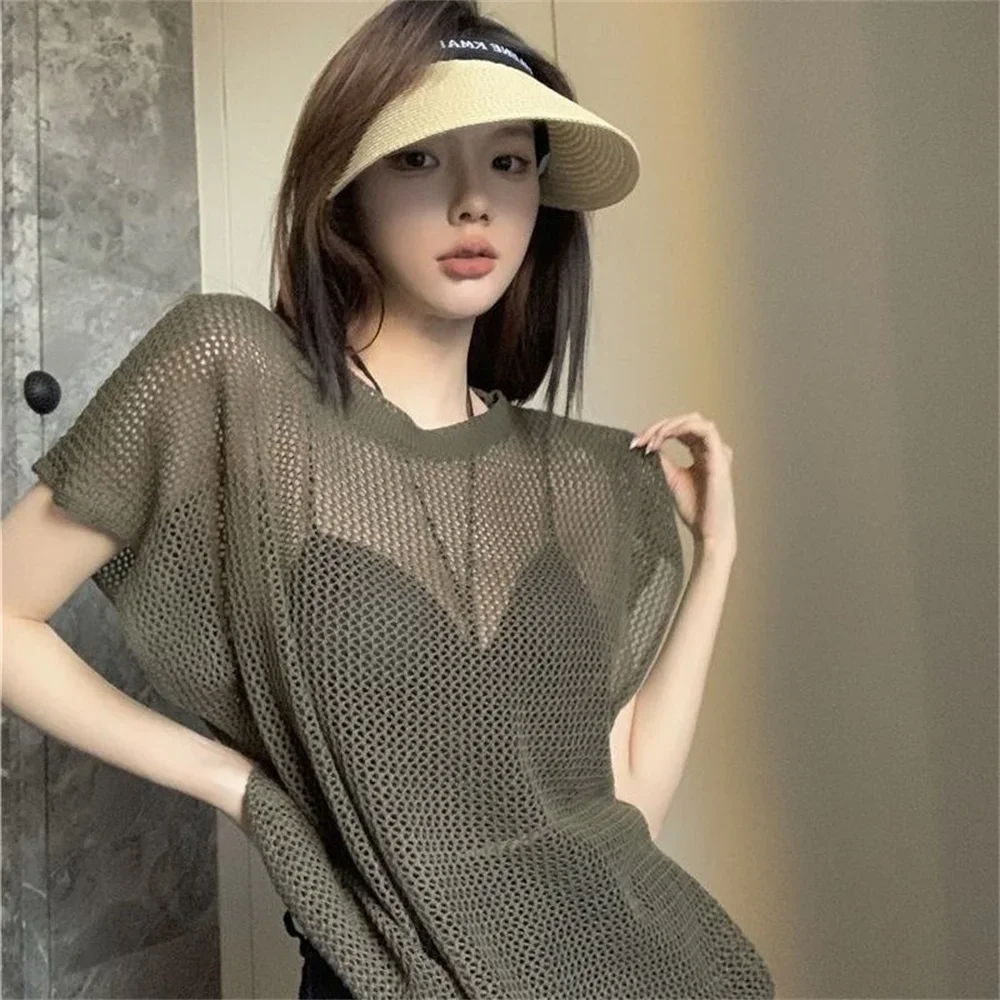 

Свободный вязаный пуловер с короткими рукавами, топы, ажурный свитер, летняя тонкая одежда больших размеров для женщин, с круглым вырезом