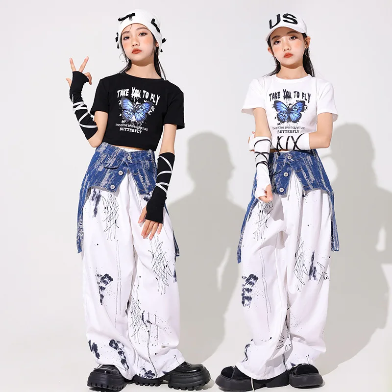 Summer Girls Hip Hop Clothes Sets Kids Jazz Dance Costume White Tops Pants Performance Suit Kpop Clothing Concert Stage Outfits