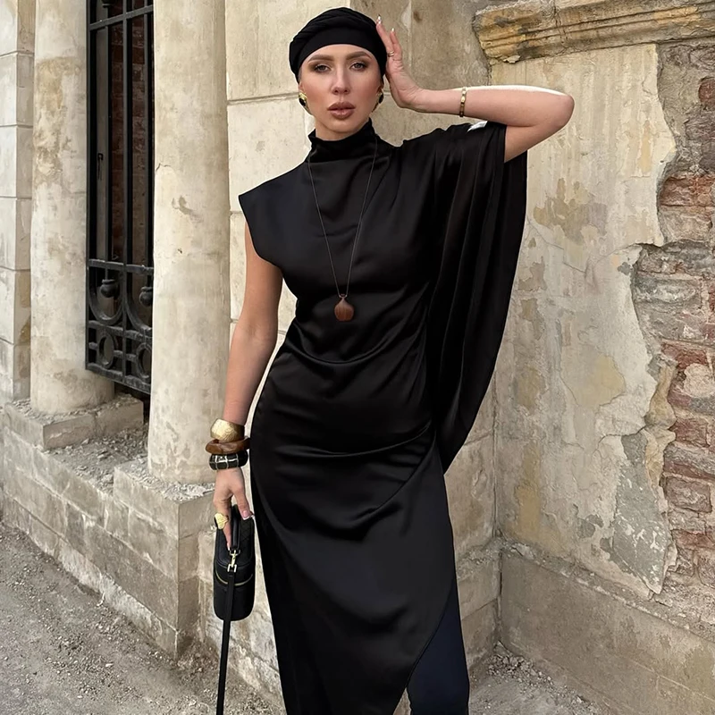 Satin One Shoulder Long Dress Women 2026 Summer Casual Turtleneck Asymmetric Loose Dresses Party Club Fashion Cover Up Dress