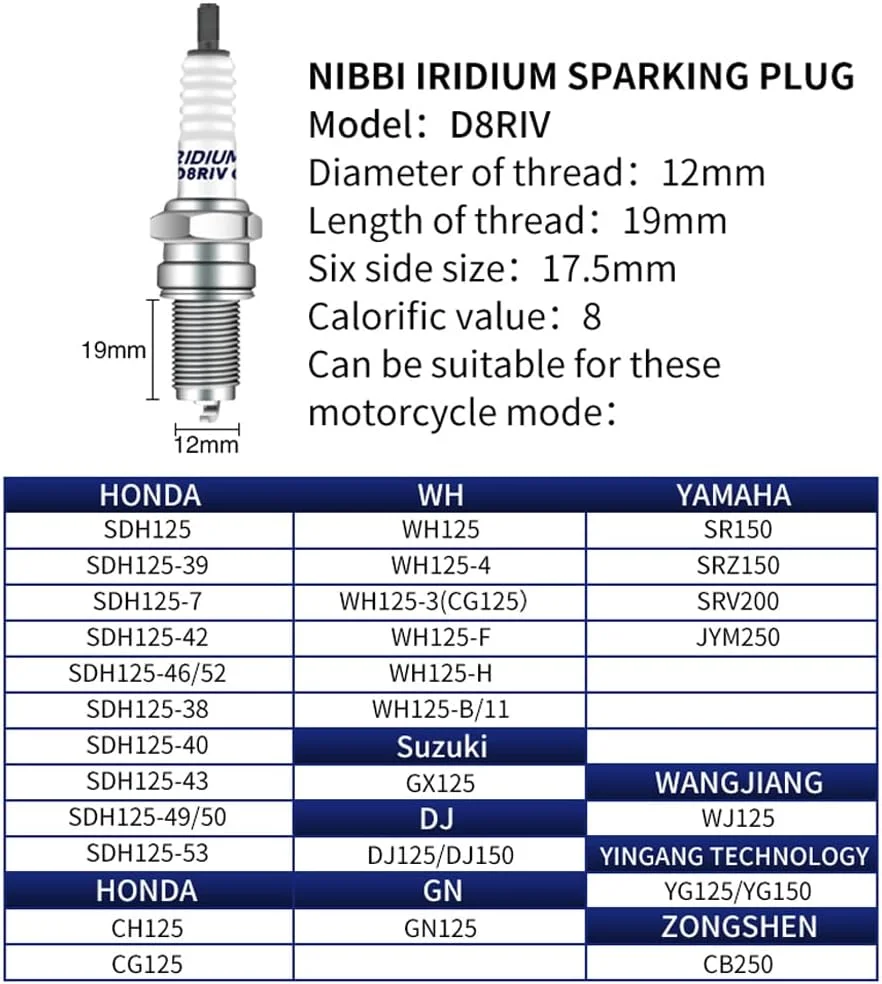 NIBBI D8RIV Iridium Spark Plug Off-road Motorcycle Spark Plugs Fit Honda SDH125 250cc SUZUKI YAMAHA KAWASAKI ZONGSHEN Engine