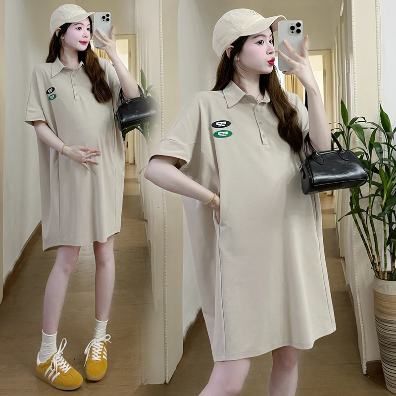 Summer Boyfriends Polo Shirts Dress for Maternity Oversize Loose Tees for Pregnant Women Vintage Youth Pregnancy Casual Tops