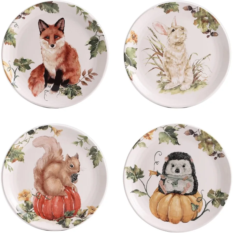 

Woodland Critters Ceramic Salad Plates 8.75 inch Set of 4 for Salad Serving Appetizer Display Microwave and Dishwasher Safe Ide