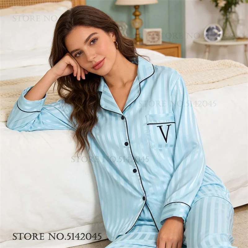 

Spring Autumn New Pajamas Loungewear Casual Womens Matching Sets Pijamas Suit Loose Satin Stripe Embroidery Homewear Sleepwear