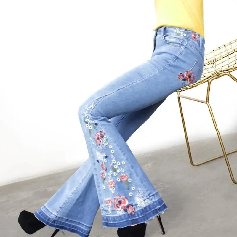 

Embroidered Horn Jeans For women Summer 2025 New Light color Elastic High waisted Slim Denim Pants Female Casual Trousers