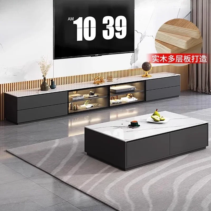 luxury rock slab TV cabinet coffee table combination TV cabinet floor storage locker living room household solid wood light home