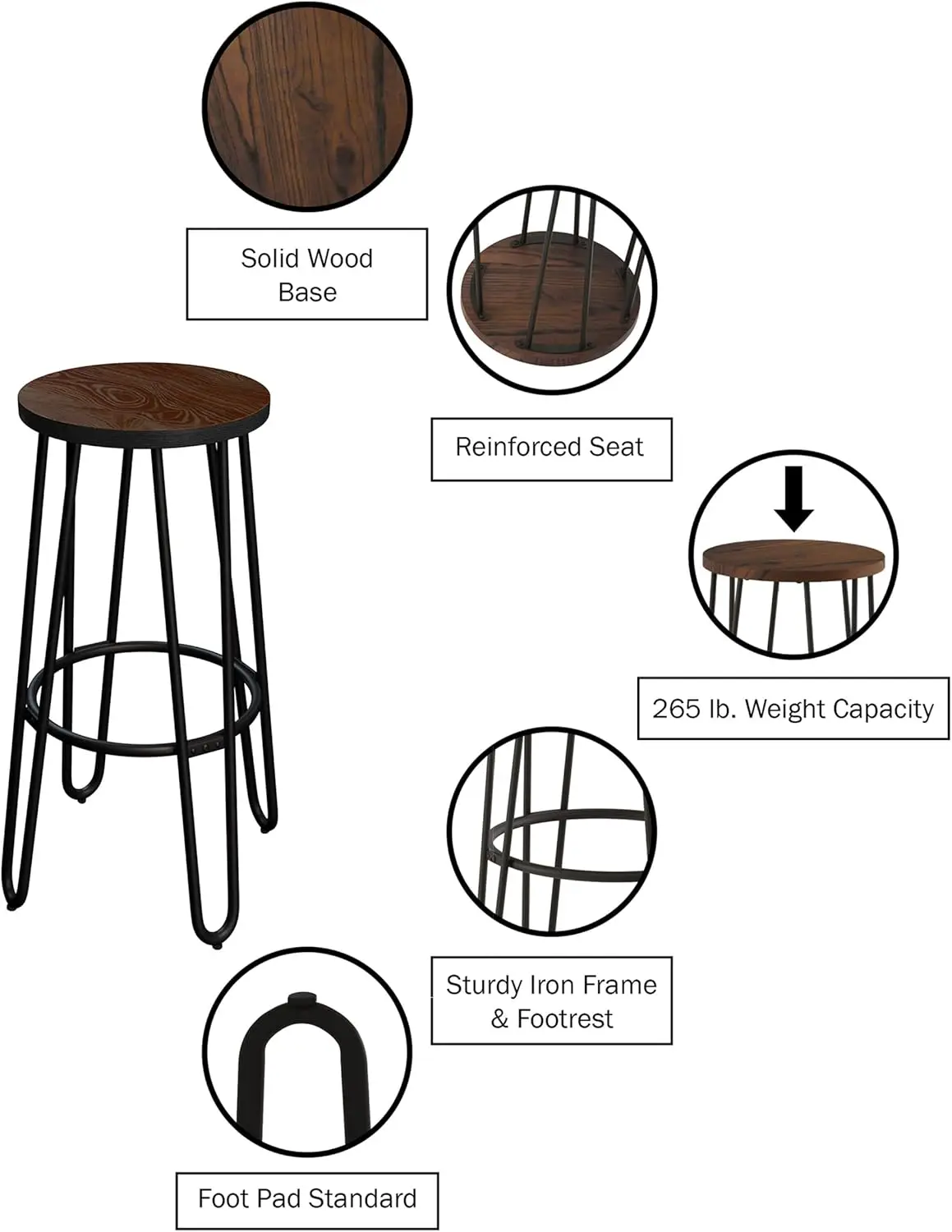 Lavish Home 24-Inch Bar Stools - Backless Barstools with Hairpin Legs, Wood Seat - Kitchen or Dining Room - Modern Farmhouse