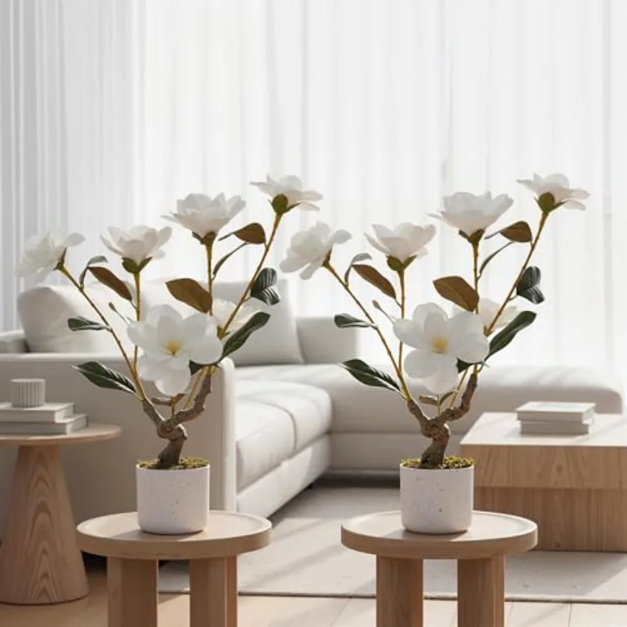 Paquete de 2 orquídeas artificiales para interiores en maceta, flores de magnolia artificiales blancas de 23.6 pulgadas con hojas de PEVA y maceta, aspecto realista