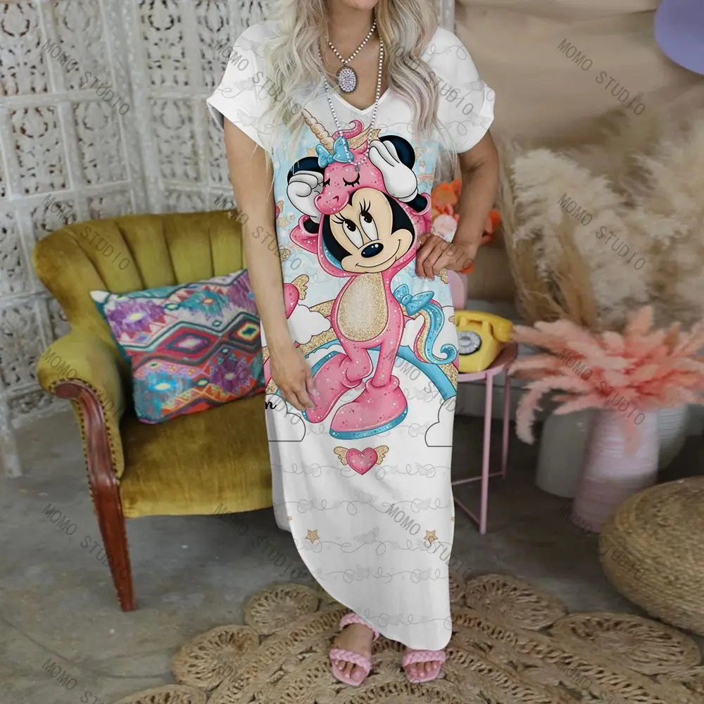 V-Neck Summer Dresses Women 2022 Casual Disney Beach Dress Cartoon Robe Mickey Leisure Maxi Minnie Mouse Long Women's Sexy Y2k