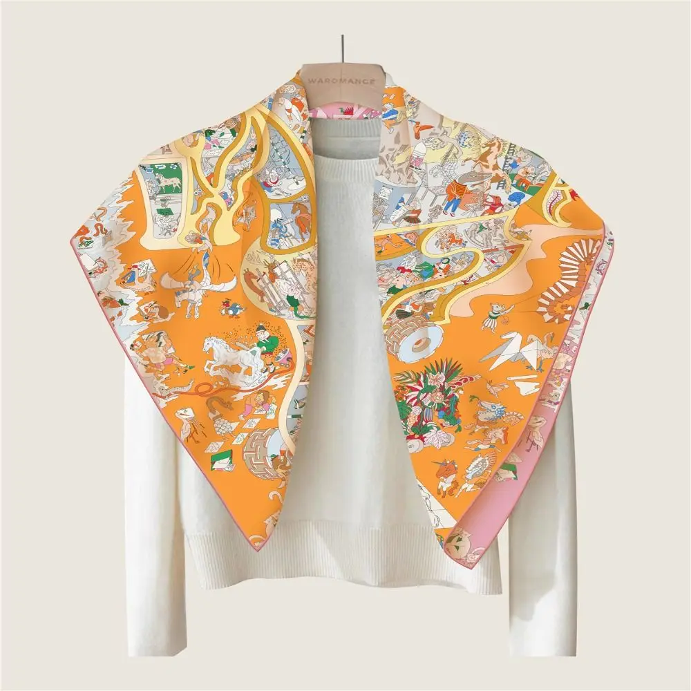 

90cm Silk Scarf Double Printed Hourse Pattern Femme Scarves Wraps Luxury Design Echarpes Foulards Hijabs For Women Accessories