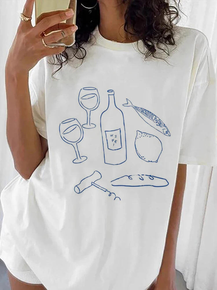 

Plus Size Women Tshirt Retro Wine Cooking Ingredients Printed Shirt Fashion Aesthetics Short Sleeved Tee 90s Cotton Graphic Tops