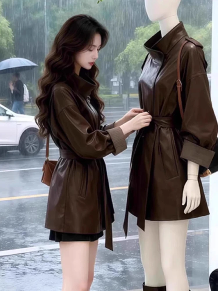 Abrigo de cuero marrón Vintage Harajuku para mujer, Chaqueta larga con cinturón y cuello levantado, traje de moda Retro para ir al trabajo a prueba de viento para otoño