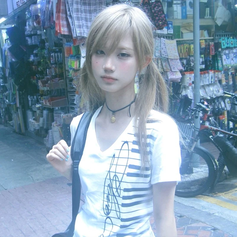 Japanese Y2k Piano Key Print T-shirt Vintage Harajuku V-neck Tops Trashy 2000s Style Short Sleeve T Shirt American Retro