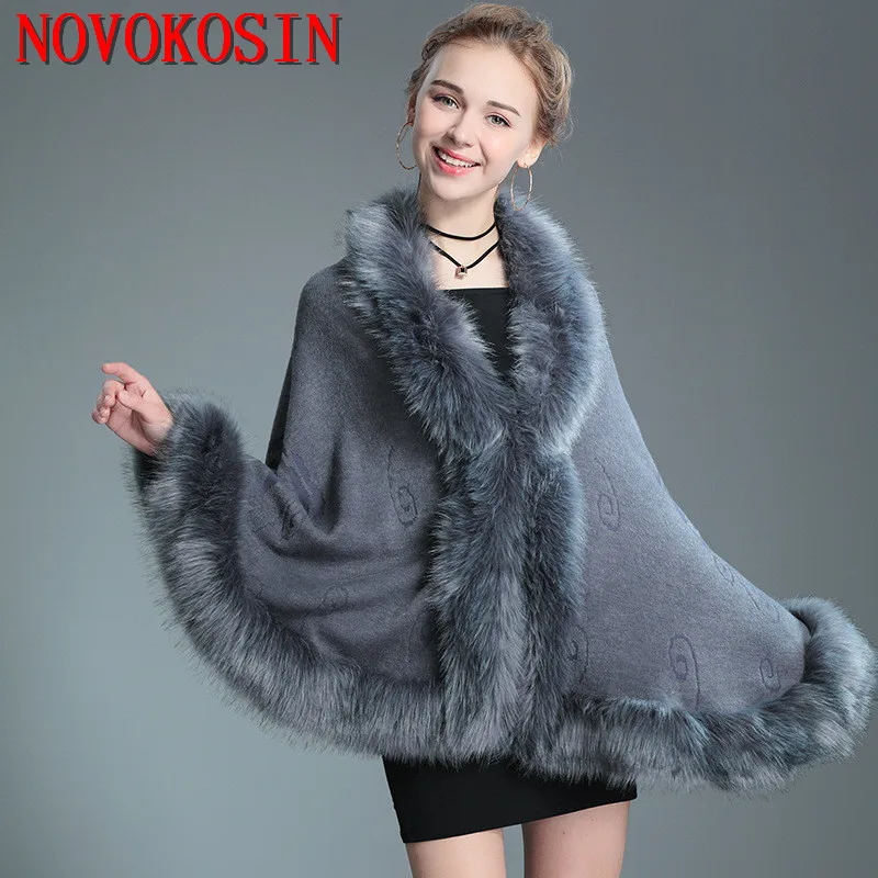 13 Colors Autumn Winter Women White Faux Fox Fur Cashmere Poncho Cloak For Wedding Knitted Big Fur Collar Bridal Shawl Out Coat