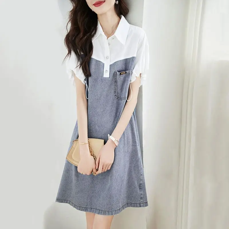 

Summer Fashion Loose Denim Patchwork Dresses Casual Pockets Female Clothing Commute Turn-down Collar Button A-Line Midi Dress